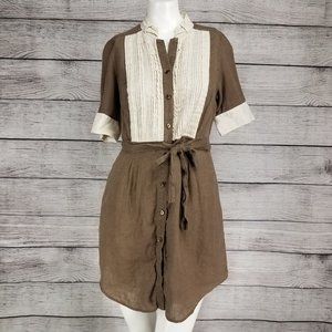 Etcetera 2 Linen Mini Button up Dress Ruffled Belt